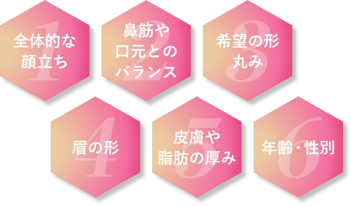 1:全体的な顔立ち 2:鼻筋や口元とのバランス 3:希望の形丸み 4:眉の形 5:皮膚や脂肪の厚み 6:年齢・性別